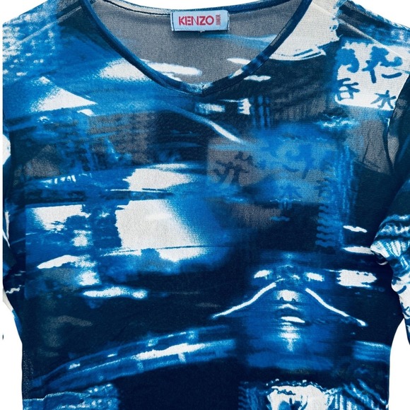 Kenzo Junior Size S Mesh Sheer Top Abstract Cityscape Japanese Characters Y2K‎ - Picture 5 of 12